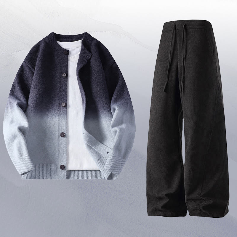 Gradient Knit Cardigan Sweater Corduroy Pants Two Pieces - Set D - 4XL - image 4