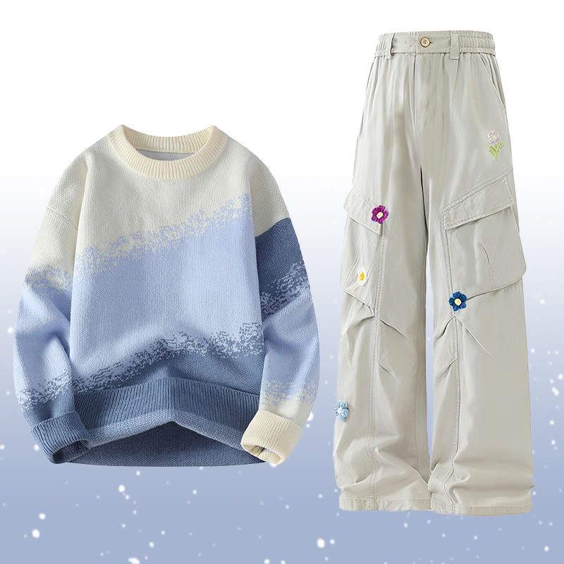 Gradient Knit Sweater Flower Cargo Pants Two Pieces - Set D - 2XL - image 4