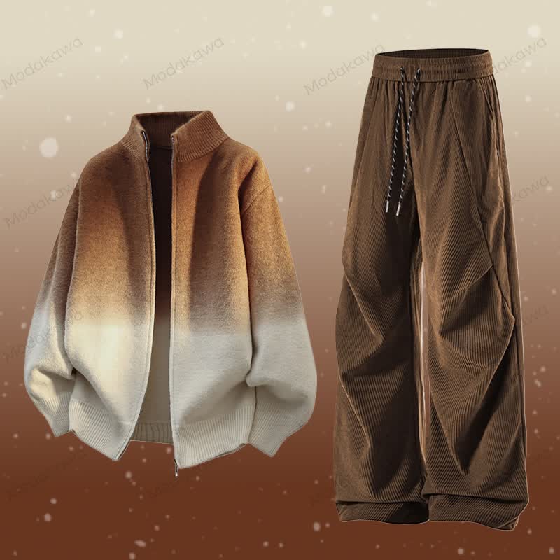 Gradient Zip Up Jacket Corduroy Pants Two Pieces - Set E - 3XL - image 5