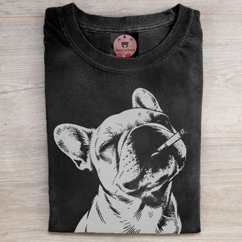 MODAKAWA Smoking Bulldog Graphic Unisex Vintage Washed T-shirt - Black - 5XL - image 2