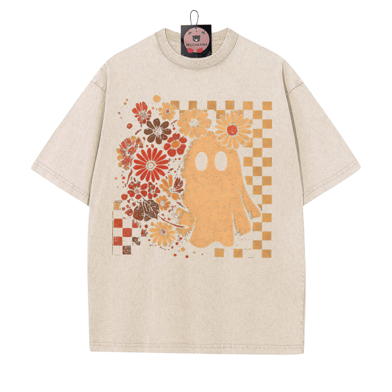 Floral Boo Cute Ghost Halloween Graphic Graphic Unisex Vintage Washed T-Shirt - Apricot - 5XL - image 4
