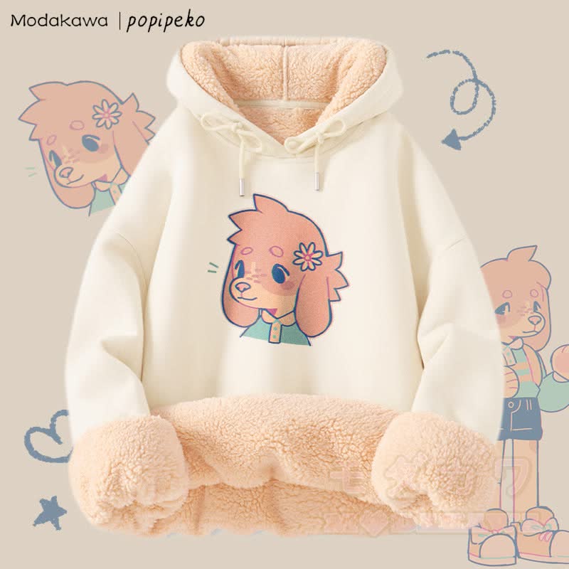 MODAKAWA X popipeko Cute Puppy Graphic Thick Fleece Lined Winter Hoodie - Apricot B - 2XL - image 7