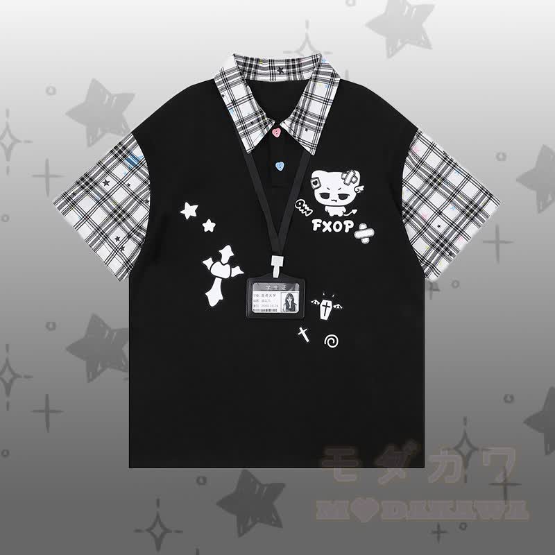 Demon Kitty Graphic Color Block Polo T-shirt Ripped Denim Pants Modakawa Matching Outfit - Black T-shirt - XL - image 6