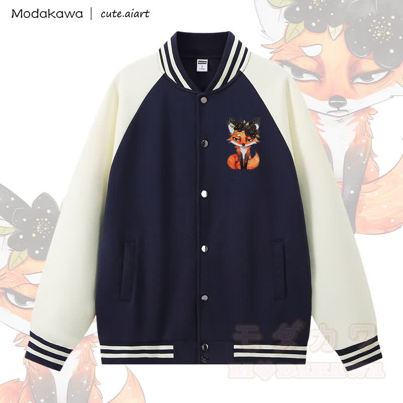 MODAKAWA X cute.aiart Fox Graphic Color Block Baseball Jacket - Purplish Blue & Apricot - 5XL - image 3