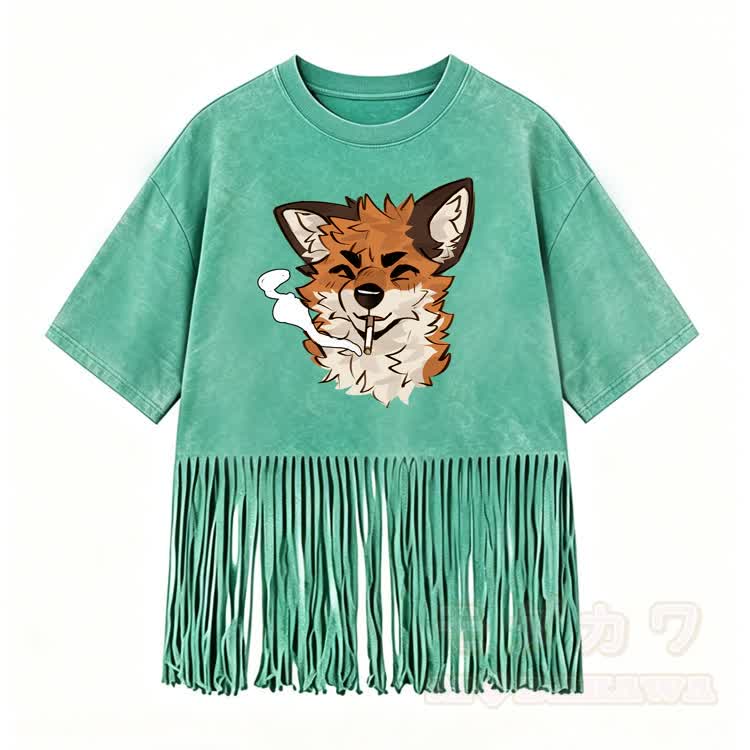 MODAKAWA X atka Smoking Fox Graphic Washed Fringe T-Shirt - Green - 5XL - image 5