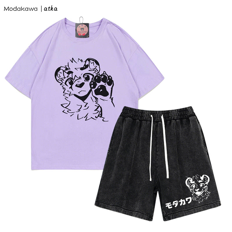 MODAKAWA X atka Tiger Print T-shirt Vintage Washed Shorts Two Pieces Set - Purple&Black - 3XL - image 8