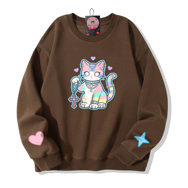 Astrology Cat Graphic Modakawa Sweatshirt - Brown - 5XL - image 4
