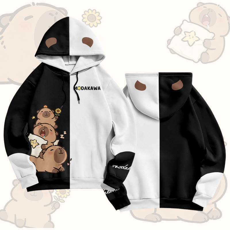Cute Capybara Graphic Modakawa Pullover Hoodie - Black & White - 6XL - image 3
