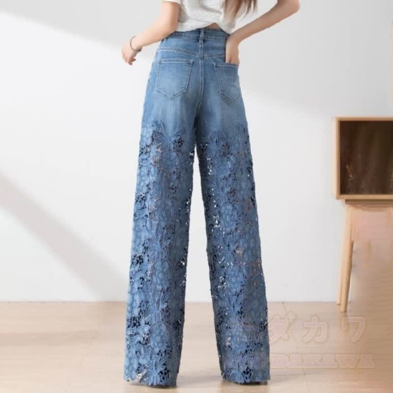 Vintage Lace Spliced High Waist Wide Leg Denim Pants - image 4