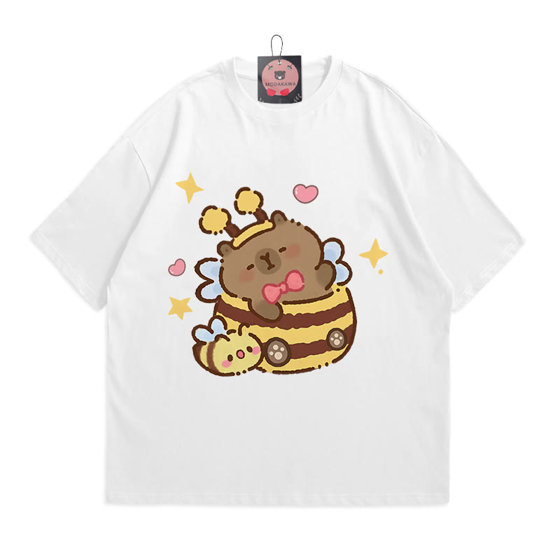 Bee Capybara Print 100% Cotton Modakawa T-shirt - White - 5XL - image 3