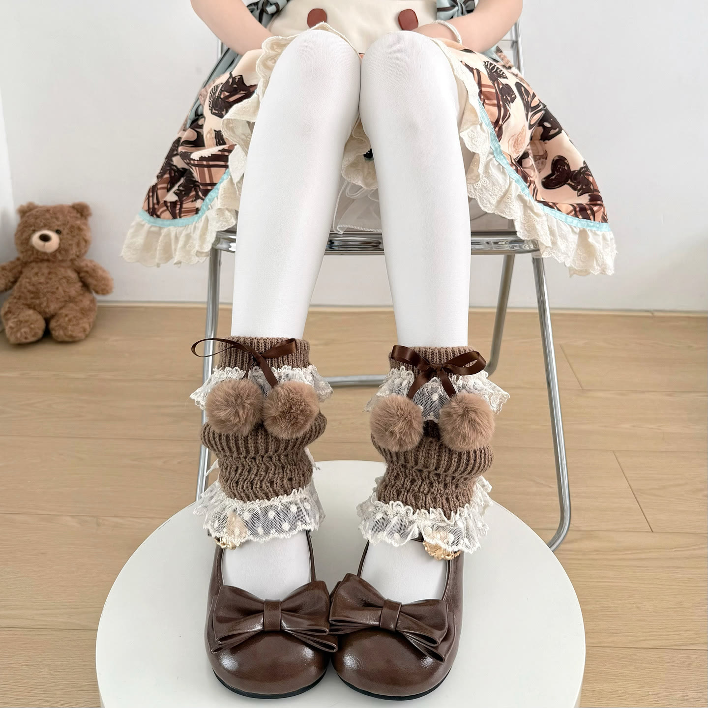 Chic Pom Pom Bow Slouch Socks - Khaki - One Size - image 5