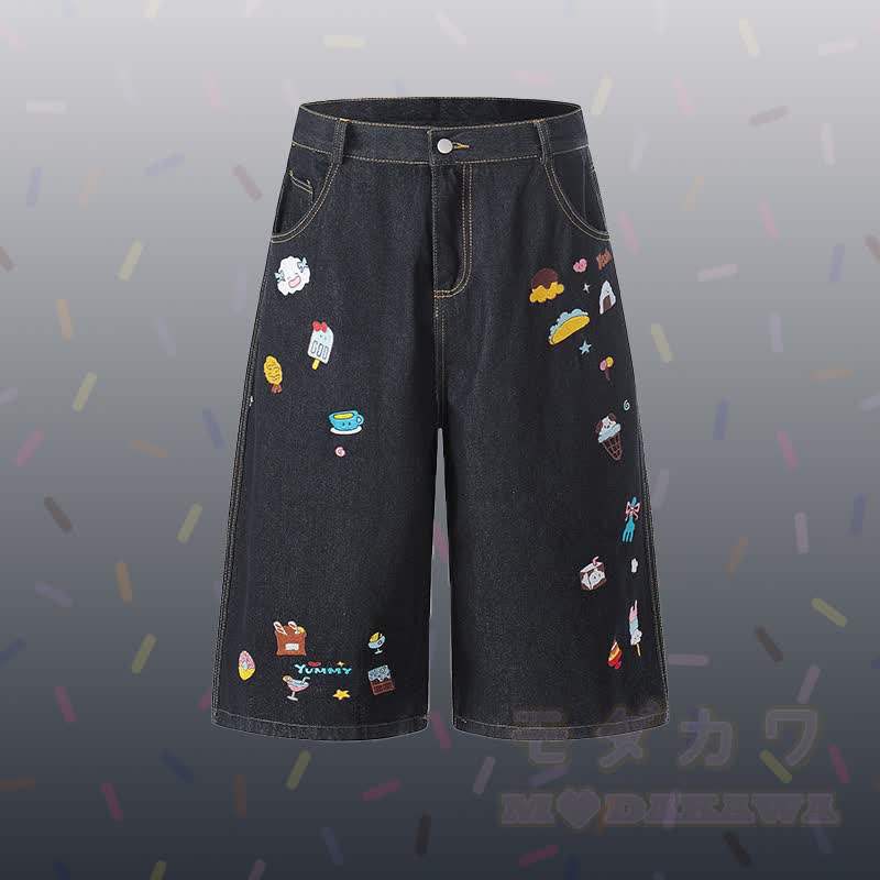 Puppy Graphic Stripe Polo T-shirt Food Embroidery Denim Cropped Pants Modakawa Matching Outfit - Black Pants - XL - image 6