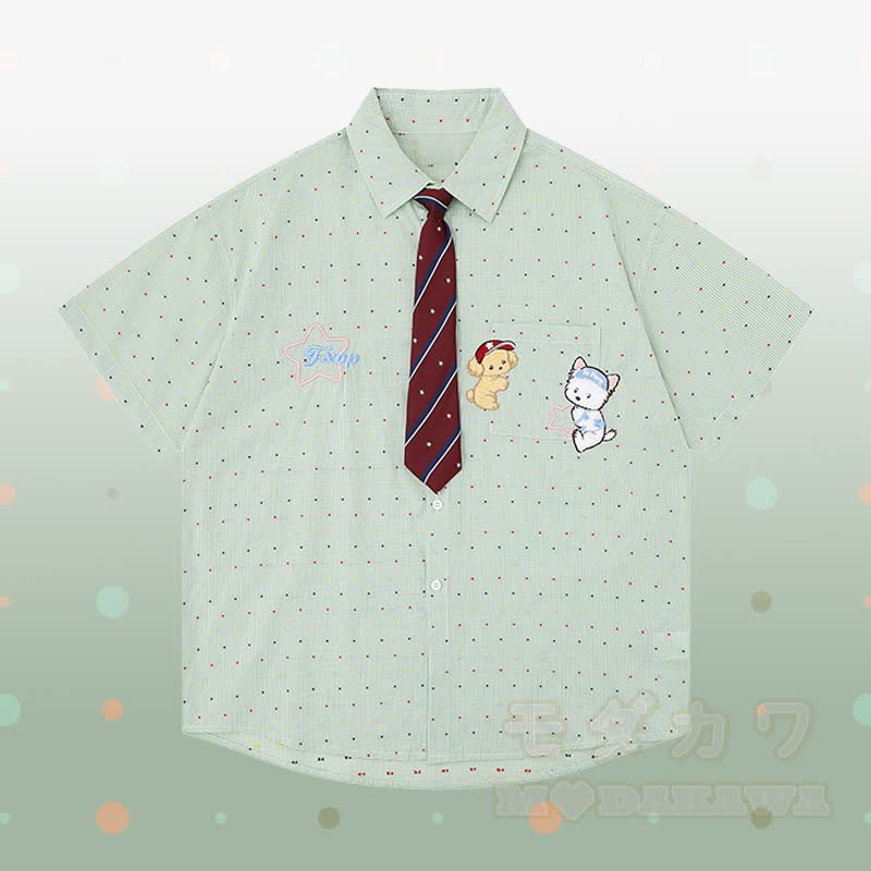 Puppy Embroidery Tie Gingham Shirt 3D Bear Chain Ripped Denim Pants Modakawa Matching Outfit - Green T-shirt - XL - image 6