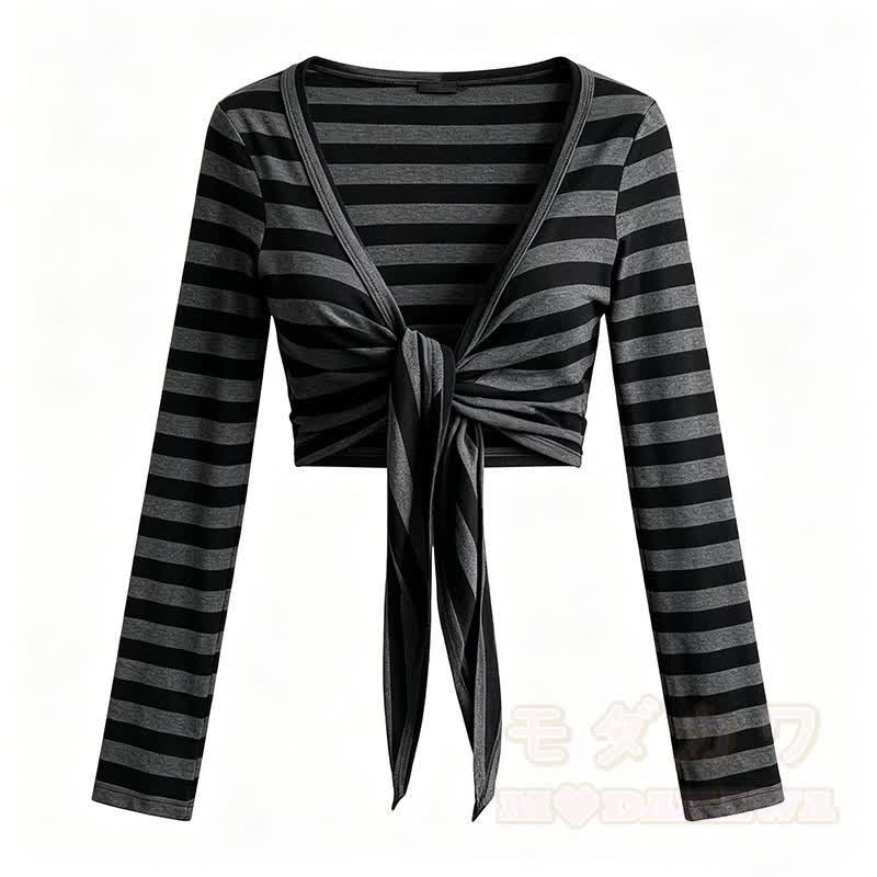 Y2k Striped Long Sleeve Shrug Top Ruffled Skirt Two Pieces Set - Top - L - image 10