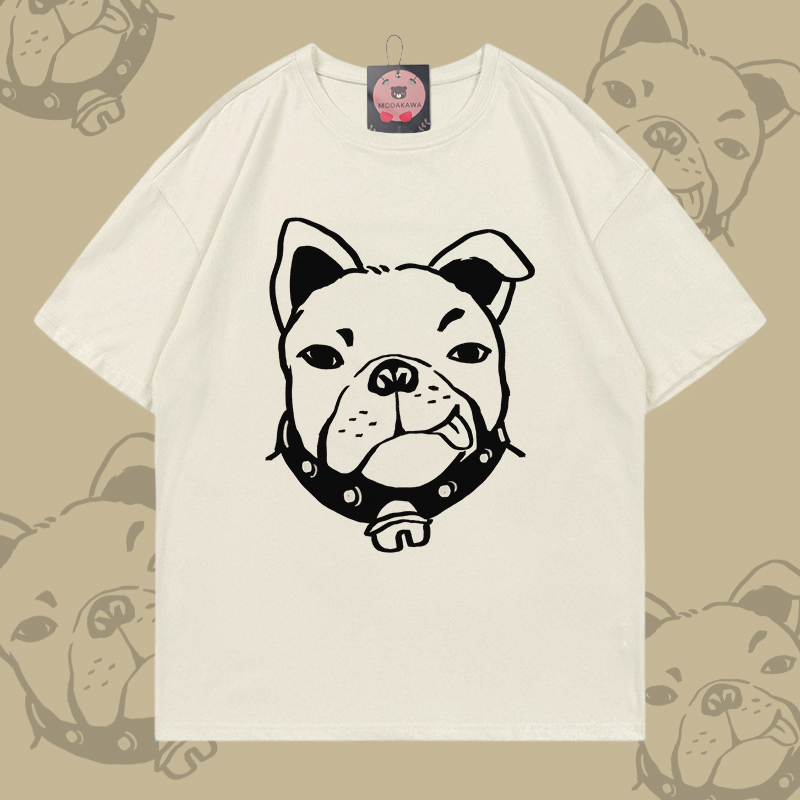 Bulldog Face Graphic Modakawa 100% Cotton T-shirt - Light Beige - 5XL - image 2