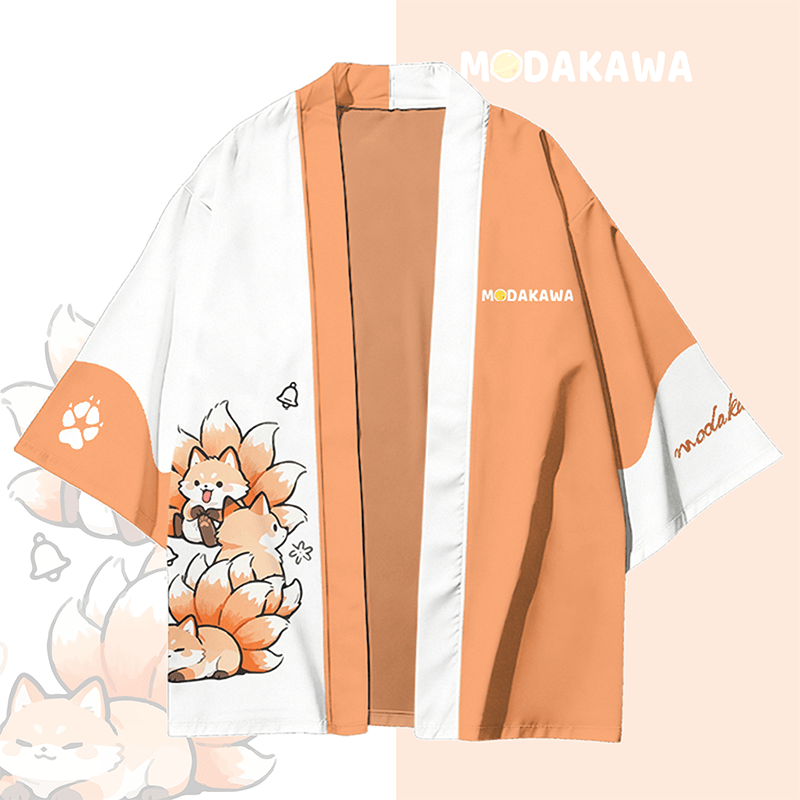 Nine-tailed Fox Graphic Modakawa Color Block Cardigan Kimono Outerwear - White & Orange - 3XL - image 3