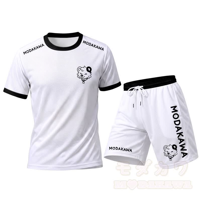 MODAKAWA X popipeko Bear Graphic Men's Sports T-shirt Drawstring Shorts Matching Outfit - White Set - 5XL - image 15