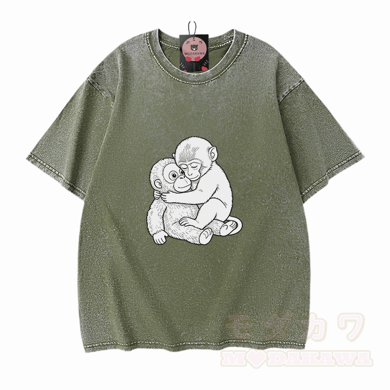 Monkey Hug Graphic Modakawa Vintage Washed 100% Cotton T-shirt - Green - 5XL - image 8