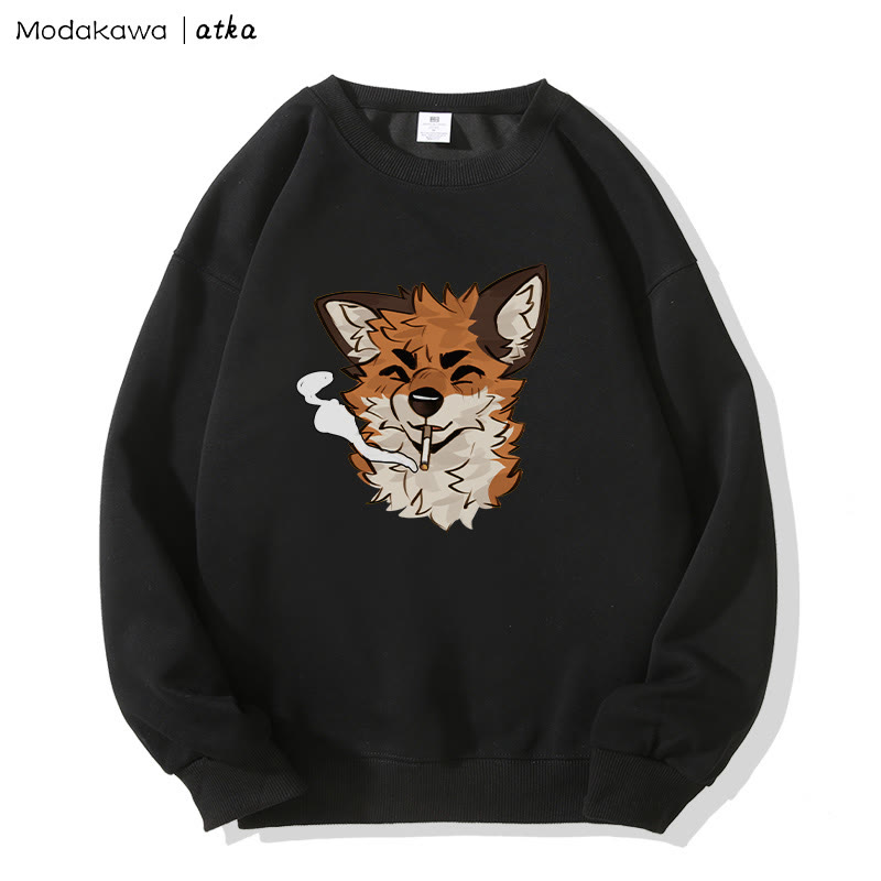 MODAKAWA X atka Fox Smoking Graphic Round Collar Sweatshirt - Black - 5XL - image 3