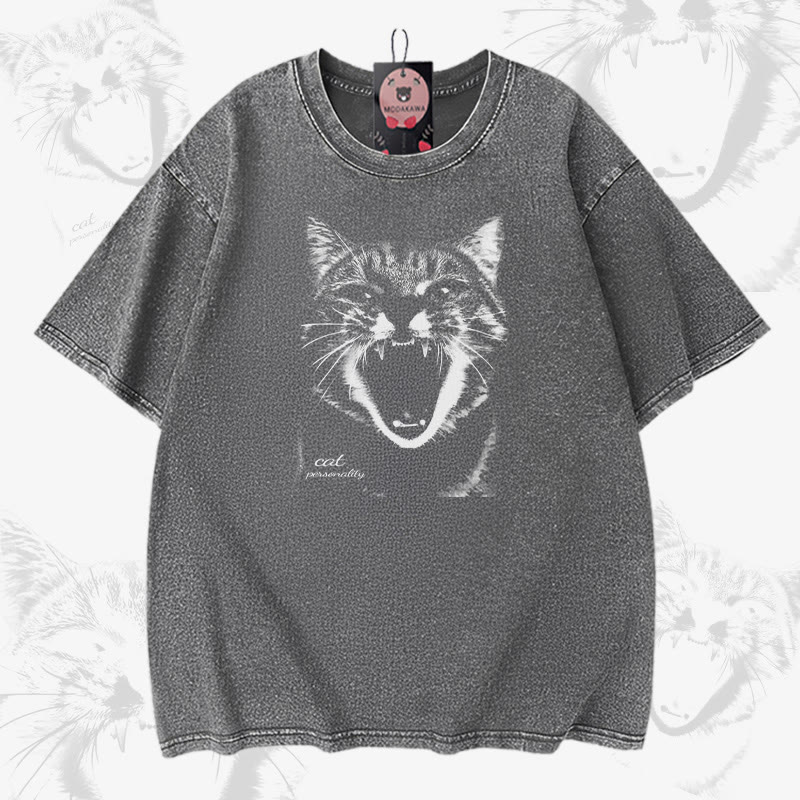 Screaming Cat Graphic Modakawa Unisex Vintage Washed T-shirt - Grey - 5XL - image 3