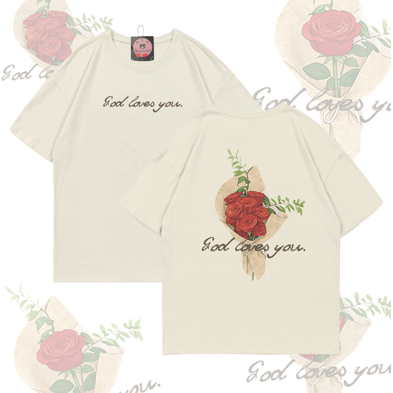 MODAKAWA GOD LOVES YOU Rose Bouquet Graphic T-shirt - Beige - 5XL - image 3