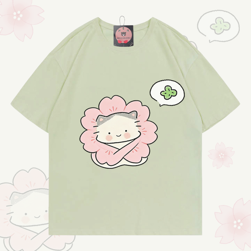 Cute Flower Cat Graphic Modakawa 100% Cotton T-shirt - Light Green - 5XL - image 2