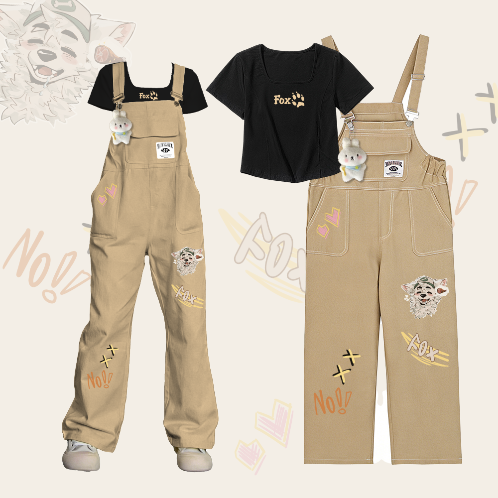 MODAKAWA X atka FOX Paw Graphic T-shirt Fox Wants Meat Graphic Dopamine Style Loose Fit Overalls Two Pieces Set - Khaki - XL - image 3