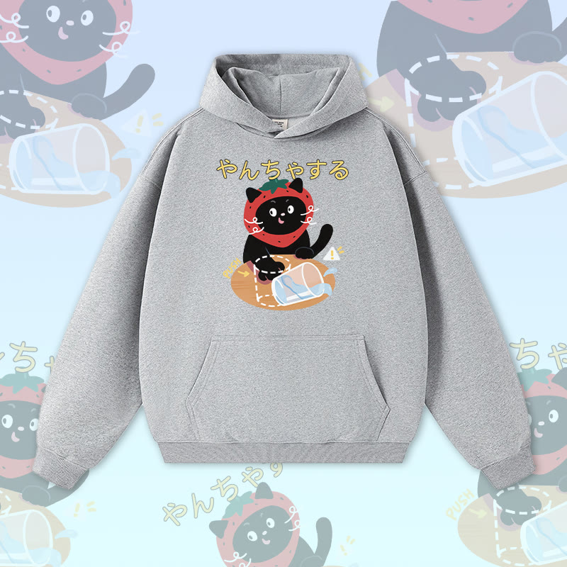 Strawberry Cat Graphic Modakawa Warm Thick Hoodie - Heather Gray - 3XL - image 3