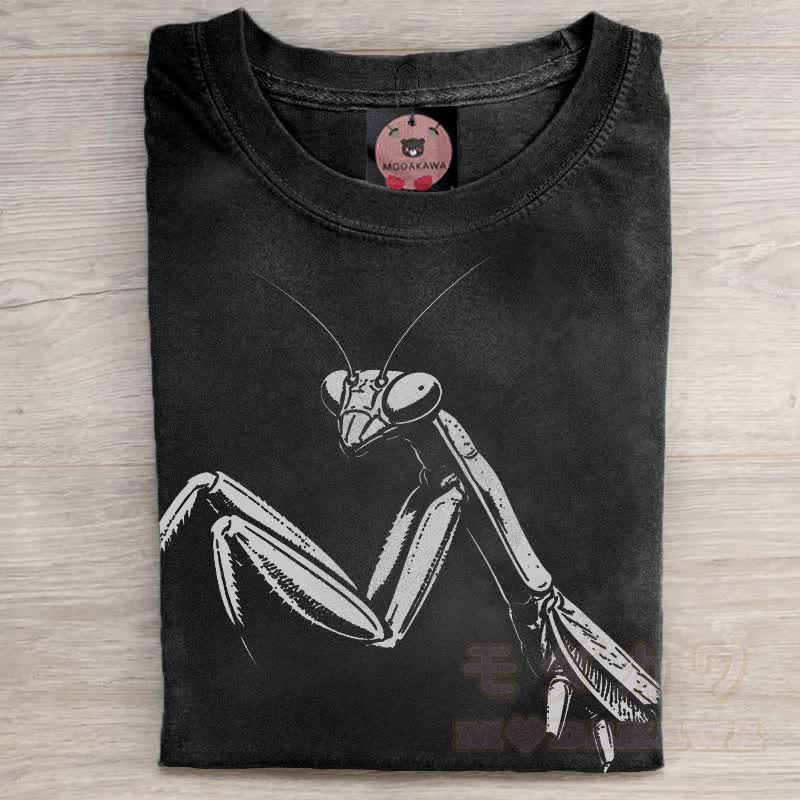 MODAKAWA Praying Mantis Graphic Unisex Vintage Washed T-shirt - Black - 5XL - image 4