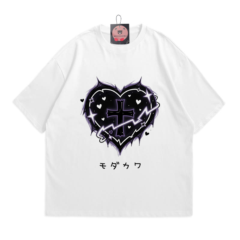 Heart Cross Print 100% Cotton Modakawa T-shirt - White - 5XL - image 3