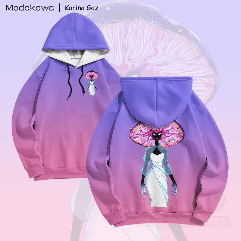 MODAKAWA X Karina Gaz Psychedelic Mushroom Lady Graphic Gradient Pullover Hoodie - Purple - 6XL - image 3