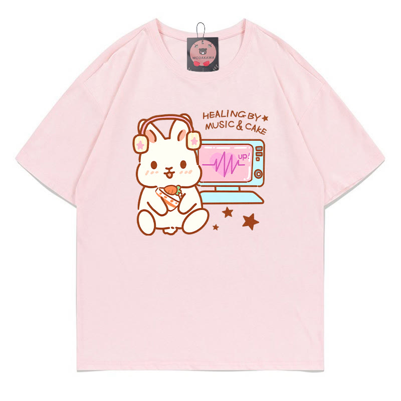 HEALING BY MUSIC CAKE Bunny Print 100% Cotton Modakawa T-shirt - Pink - 5XL - image 3