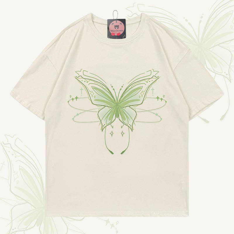 MODAKAWA Glowing Butterfly Graphic T-shirt - Beige - 5XL - image 3