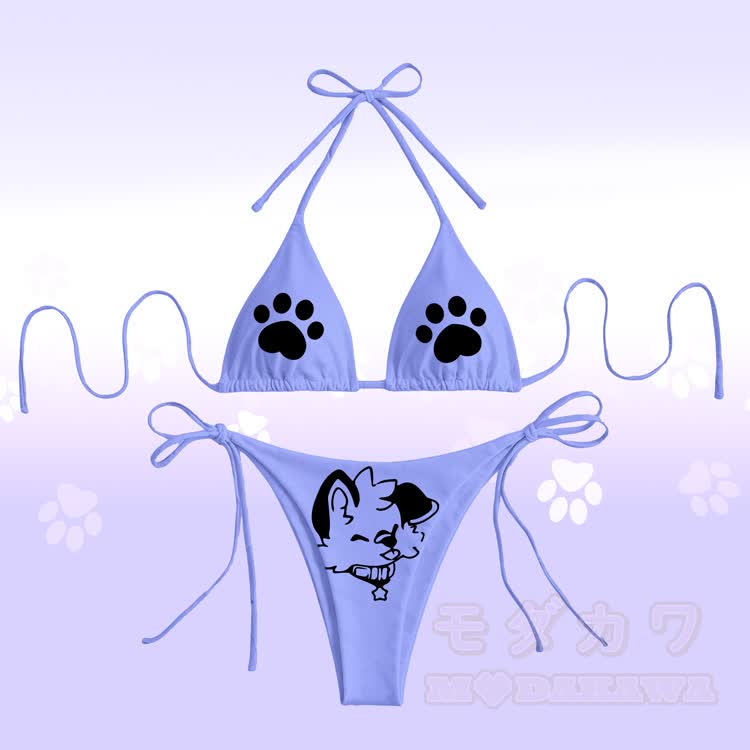 MODAKAWA X popipeko Tongue Out Puppy Paw Graphic Women's Swimsuit Tie Bikini Set - Purple - 4XL - image 6