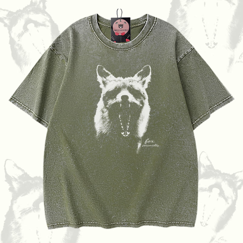 Roaring Fox Graphic Modakawa Unisex Vintage Washed T-shirt - Green - 5XL - image 4