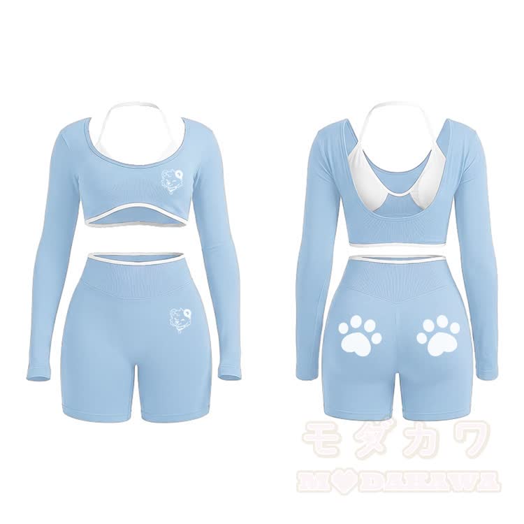 Bear Graphic Tight Long Sleeve Yoga Top & Shorts Set - Light Blue - XL - image 5