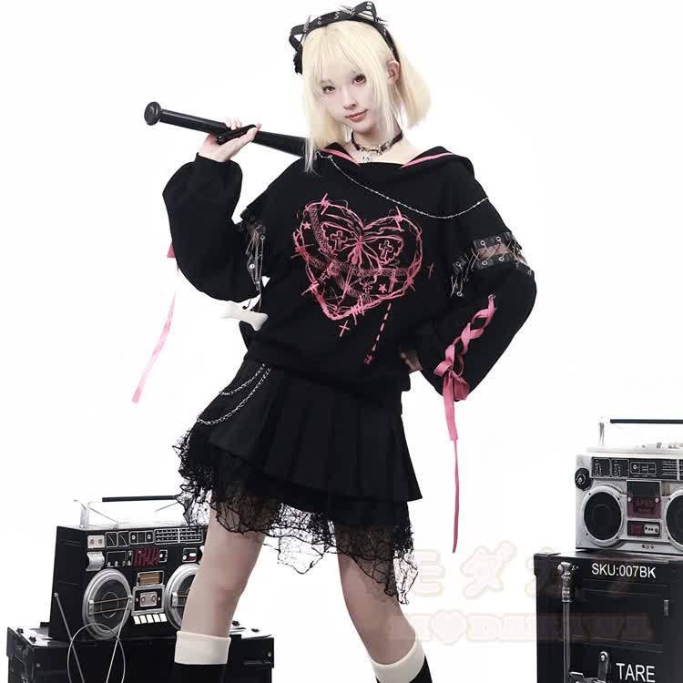 Goth Heart Graphic Oversized Hoodie with Layered Lace Pleated Skirt - image 10