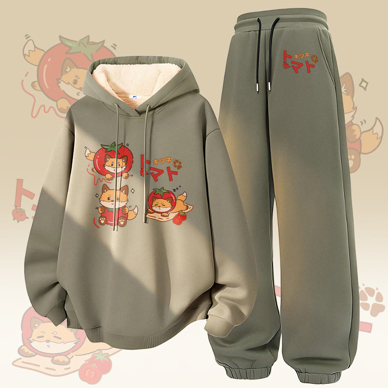 MODAKAWA Tomato Fox Graphic Thick Fleece Lined Hoodie Pants Two Pieces Set - Green - 5XL - image 2