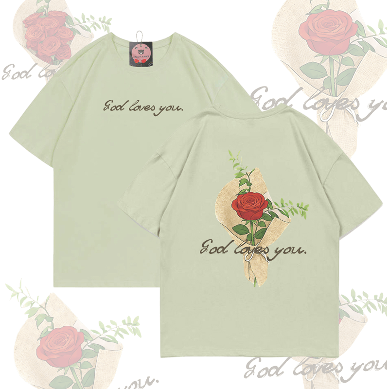 MODAKAWA GOD LOVES YOU Rose Bouquet Graphic T-shirt - Green - 5XL - image 7