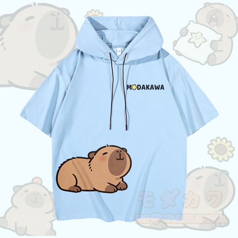 Cute Capybara Graphic Modakawa Short Sleeve Hoodie - Sky Blue - 3XL - image 4