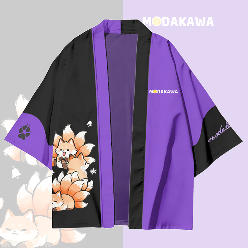Nine-tailed Fox Graphic Modakawa Color Block Cardigan Kimono Outerwear - Black & Purple - 3XL - image 4