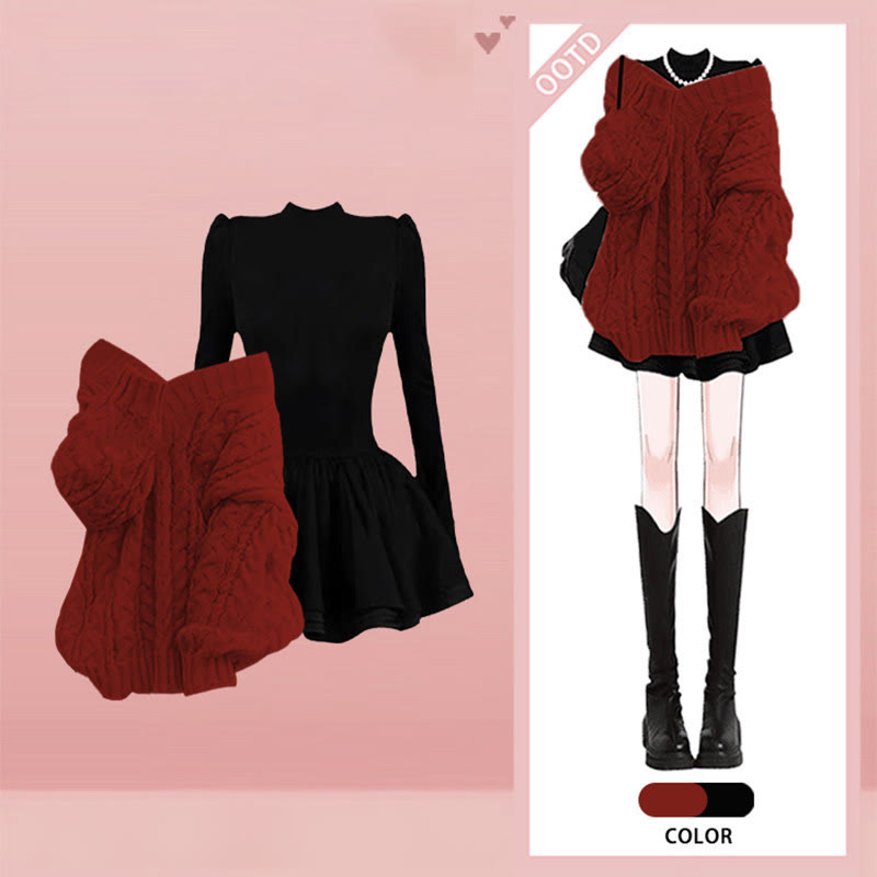 Chic Knit Sweater and Dress Two Pieces Set - Red Top+Black Dress - 4XL - image 7