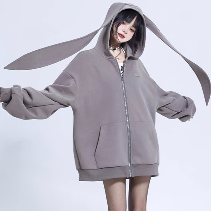 Long Bunny Ears Pocket Oversize Zipper Hooded Sweatshirt   - image 1