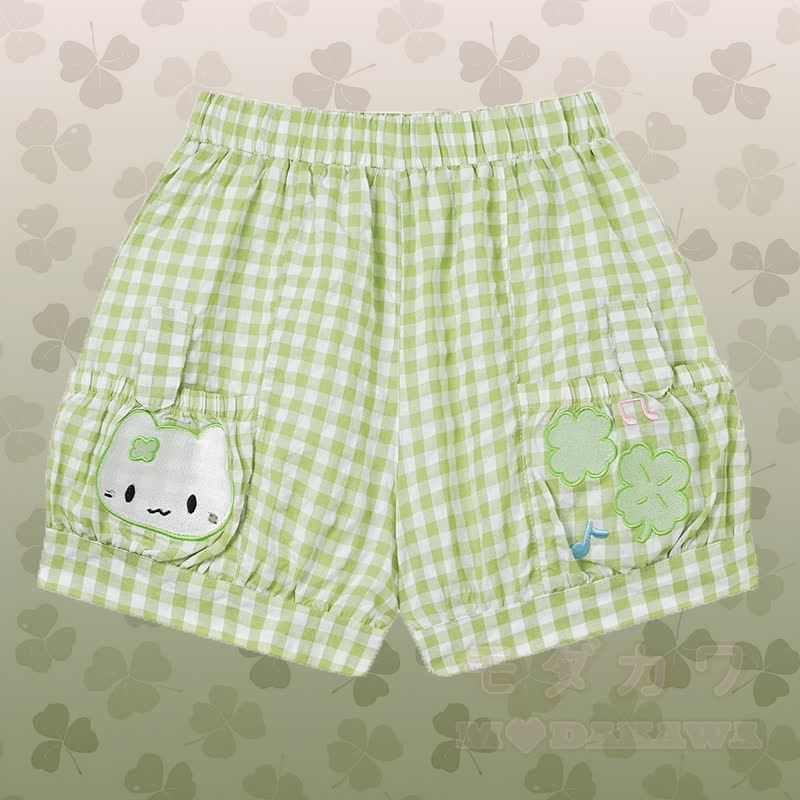 Polka Dot Cat Graphic Top Kitty Gingham Shorts Modakawa Matching Outfit - Green Shorts - L - image 7