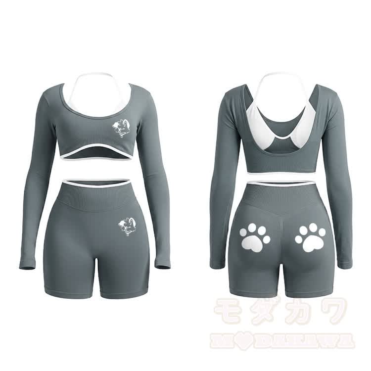 MODAKAWA X popipeko Puppy Graphic Tight Long Sleeve Yoga Top & Shorts Set - Grey - XL - image 8