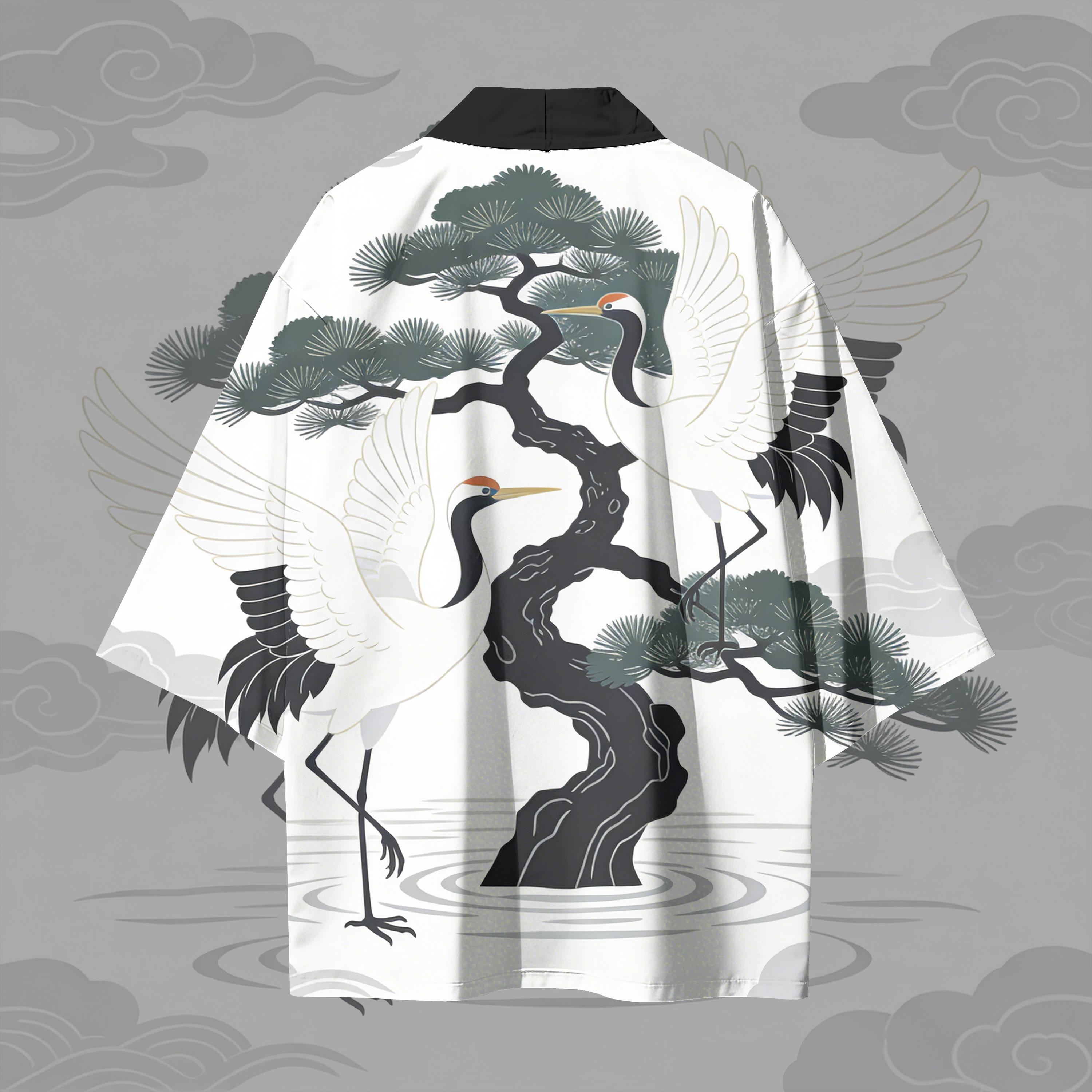 Pine Tree White Crane Graphic Modakawa Cardigan Kimono Outerwear - image 3