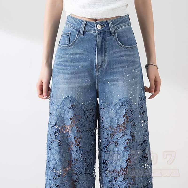 Vintage Lace Spliced High Waist Wide Leg Denim Pants - image 6