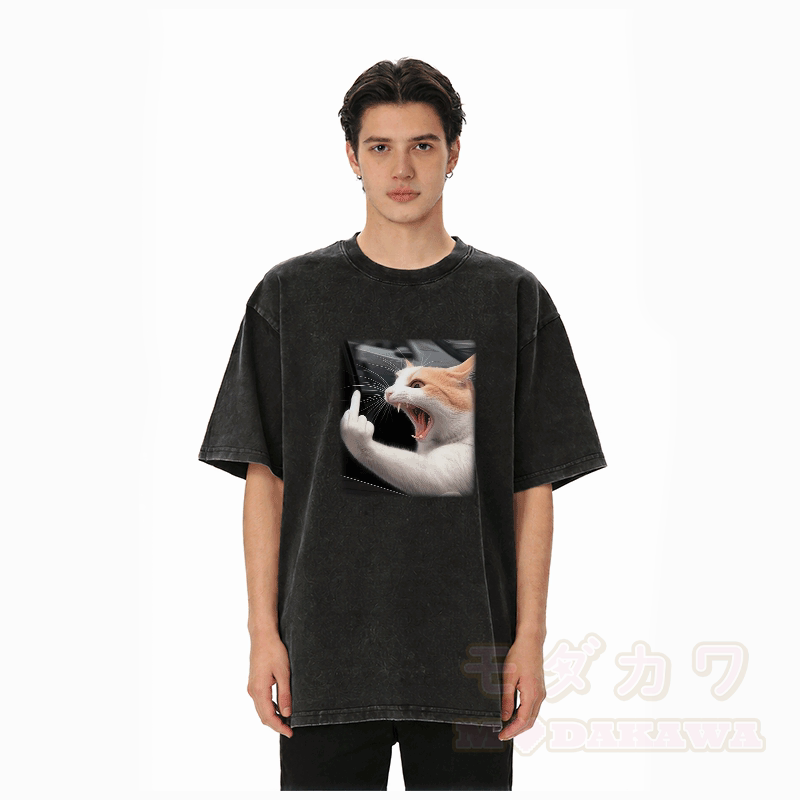 Angry Cat Graphic Modakawa Unisex Vintage Washed T-shirt - image 3