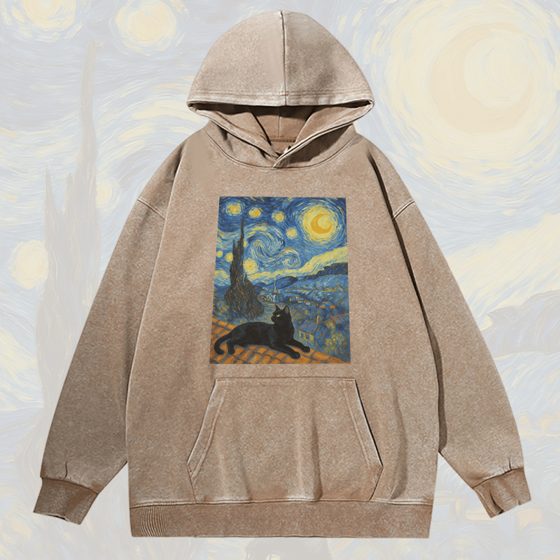 MODAKAWA Unisex Vintage Washed Hoodie Black Cat Under the Night Sky Graphic Pullover - Khaki - 2XL - image 2