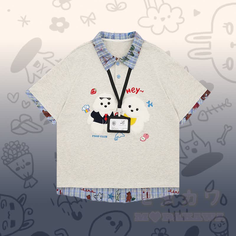 Flock Puppy Gingham Graphic Polo T-shirt Star Denim Pants Modakawa Matching Outfit - Grey T-shirt - XL - image 6